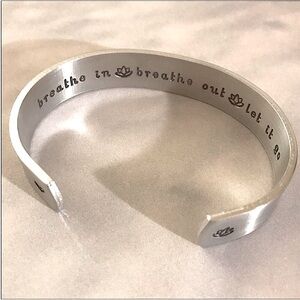 Handmade Breathe In Inspirational Silver Cuff Bracelet with Lotus Flowers